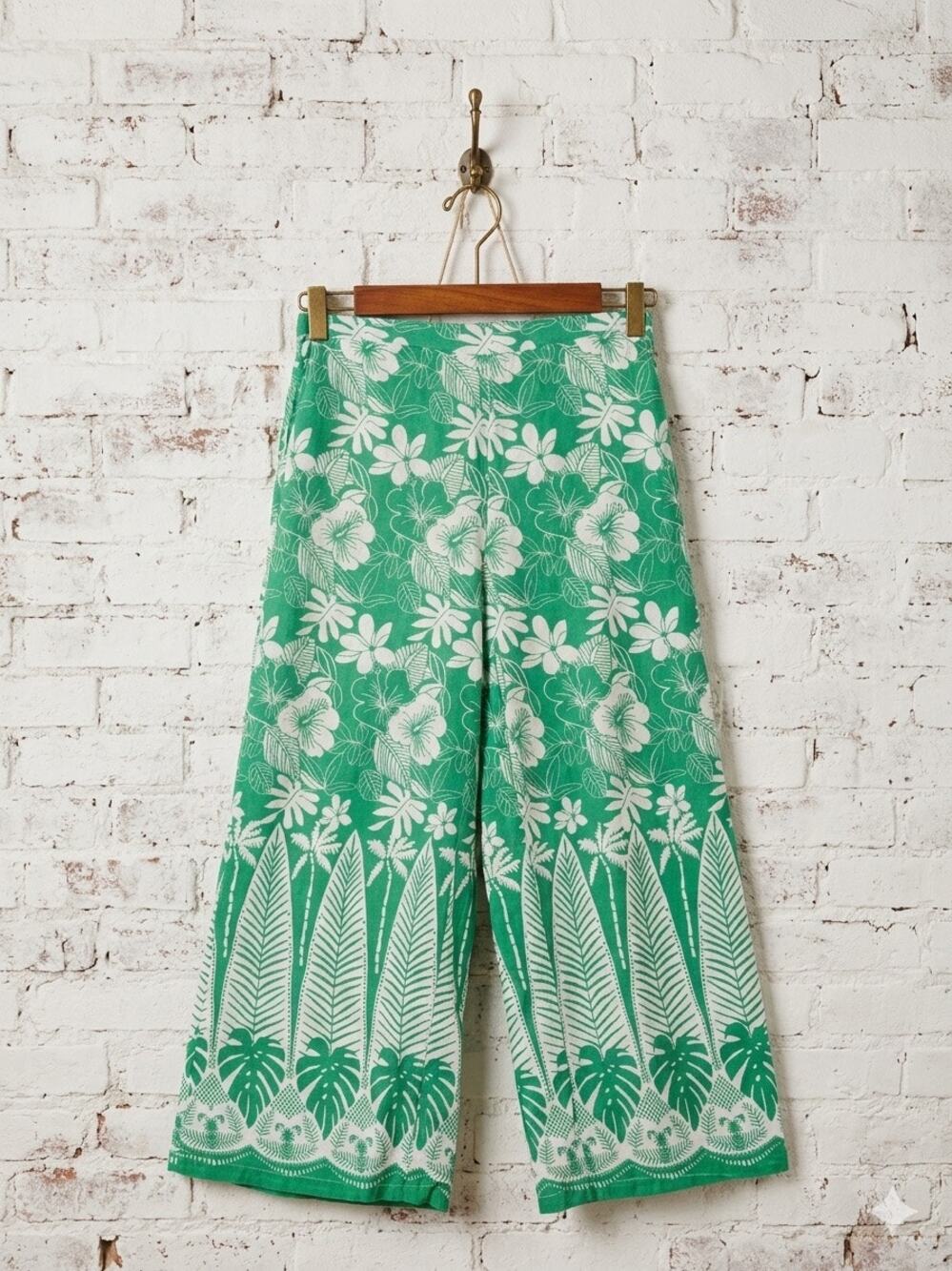 Green Tropical Floral Linen Blend Wide Leg Pants Coastal Palm Leaf resort Xs